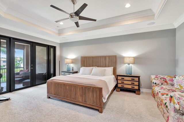 8979 Little Falls Way, Delray Beach, FL 33446 - bedroom with a raised ceiling, carpet floors, access to outside, crown molding, and french doors