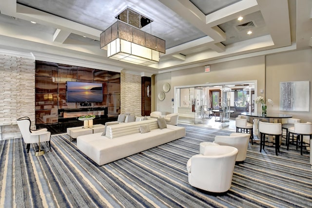 8979 Little Falls Way, Delray Beach, FL 33446 - building lobby with coffered ceiling, beamed ceiling, a high ceiling, and recessed lighting