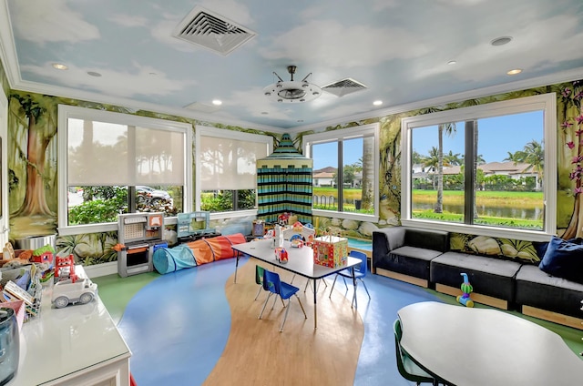 8979 Little Falls Way, Delray Beach, FL 33446 - sunroom with ornamental molding, finished concrete flooring, a water view, and recessed lighting