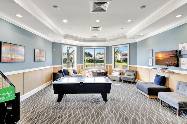8979 Little Falls Way, Delray Beach, FL 33446 - game room featuring a tray ceiling, wainscoting, ornamental molding, carpet floors, and recessed lighting