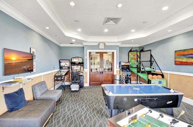 8979 Little Falls Way, Delray Beach, FL 33446 - playroom with crown molding, a raised ceiling, recessed lighting, carpet flooring, and baseboards