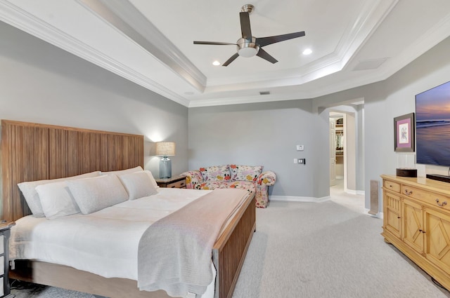 8979 Little Falls Way, Delray Beach, FL 33446 - bedroom featuring a raised ceiling, light colored carpet, ornamental molding, baseboards, and a ceiling fan