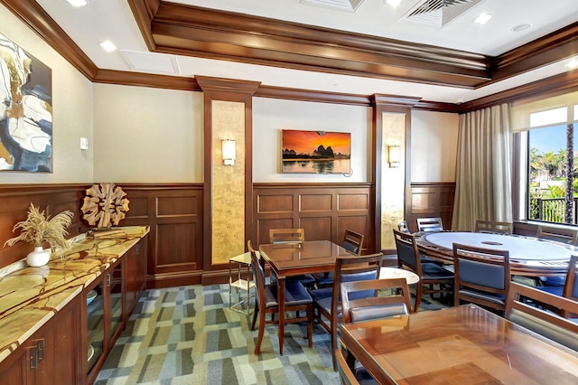 8979 Little Falls Way, Delray Beach, FL 33446 - dining area featuring wainscoting, ornamental molding, a decorative wall, and ornate columns
