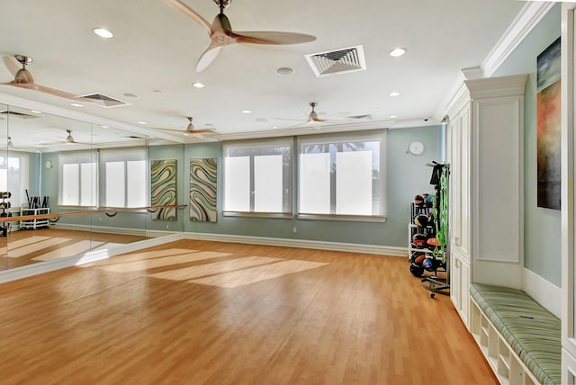 8979 Little Falls Way, Delray Beach, FL 33446 - workout area with ceiling fan, crown molding, light wood finished floors, recessed lighting, and baseboards