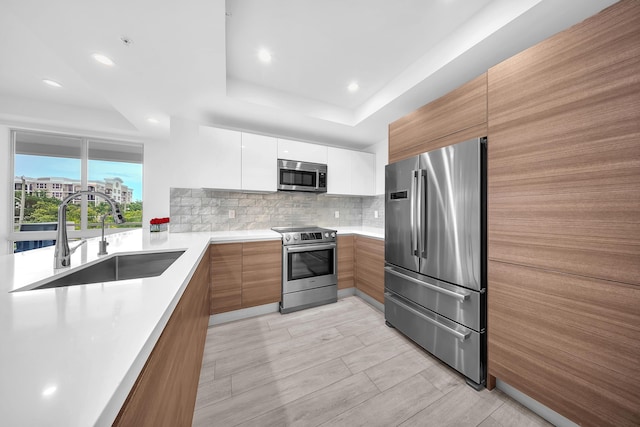 kitchen featuring stainless steel appliances, a sink, modern cabinets, a raised ceiling, and backsplash