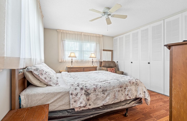 bedroom with wood finished floors, a closet, and a ceiling fan