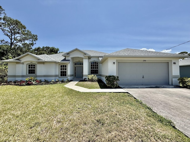 1744 SW Nantucket Ave, Port Saint Lucie, FL 34953 - ranch-style home with stucco siding, an attached garage, concrete driveway, a front lawn, and roof with shingles