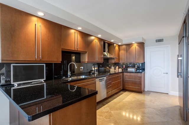 901 E Camino Real Unit 7C, Boca Raton, FL 33432 - kitchen with stainless steel dishwasher, a sink, wall chimney range hood, recessed lighting, and backsplash