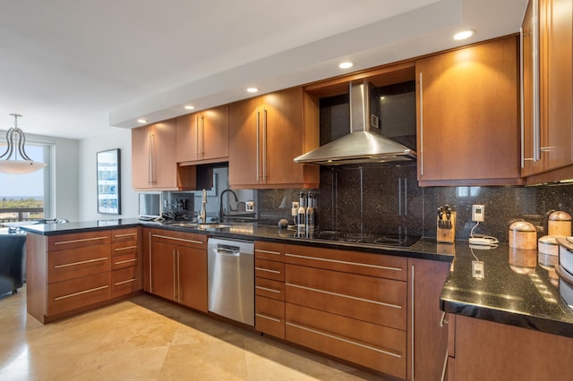 901 E Camino Real Unit 7C, Boca Raton, FL 33432 - kitchen with wall chimney exhaust hood, dishwasher, black electric cooktop, a peninsula, and a sink