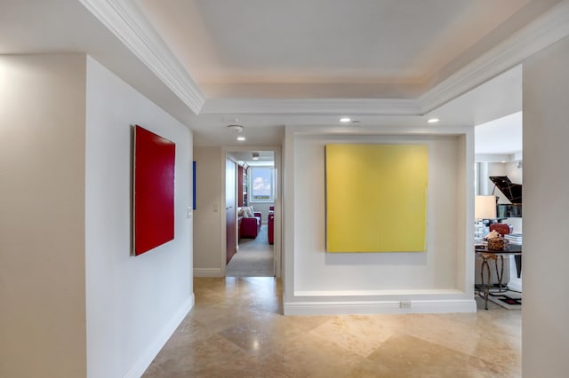 901 E Camino Real Unit 7C, Boca Raton, FL 33432 - hallway with baseboards, a raised ceiling, ornamental molding, and recessed lighting