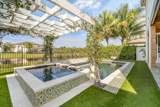 16323 Pantheon Pass, Delray Beach, FL 33446 - view of swimming pool with an in-ground hot tub, a pergola, and a water view