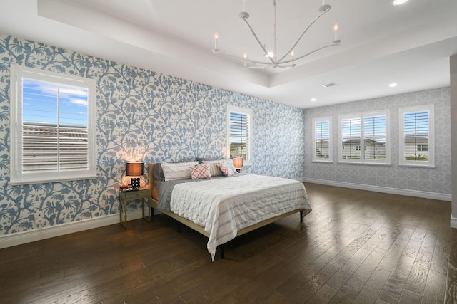16323 Pantheon Pass, Delray Beach, FL 33446 - bedroom with wallpapered walls, baseboards, hardwood / wood-style floors, a chandelier, and recessed lighting