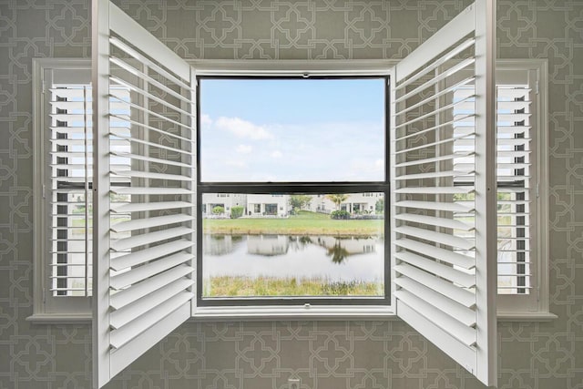 16323 Pantheon Pass, Delray Beach, FL 33446 - doorway to outside with wallpapered walls and a water view