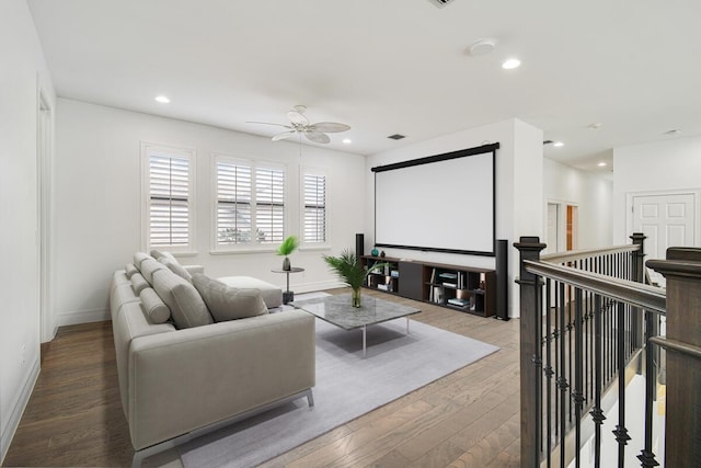 16323 Pantheon Pass, Delray Beach, FL 33446 - cinema featuring wood finished floors, ceiling fan, baseboards, and recessed lighting