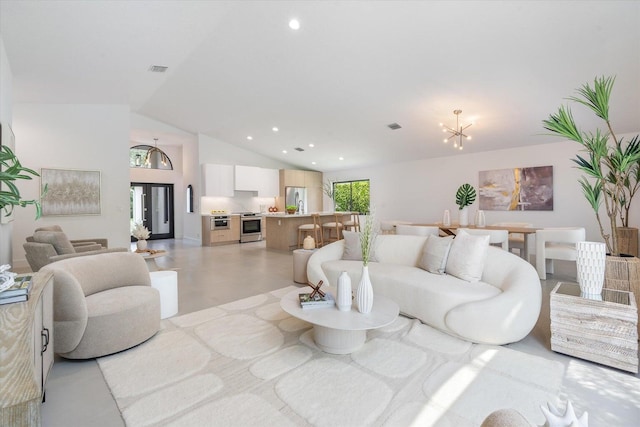 1175 Sea Grape Cir, Delray Beach, FL 33445 - living area featuring a chandelier, vaulted ceiling, and recessed lighting