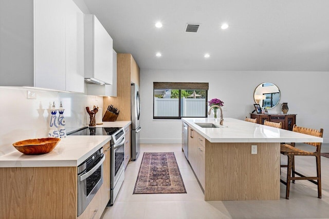 1175 Sea Grape Cir, Delray Beach, FL 33445 - kitchen with a sink, modern cabinets, appliances with stainless steel finishes, a kitchen island with sink, and recessed lighting