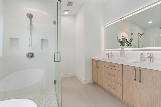 1175 Sea Grape Cir, Delray Beach, FL 33445 - full bathroom featuring a stall shower, double vanity, and baseboards