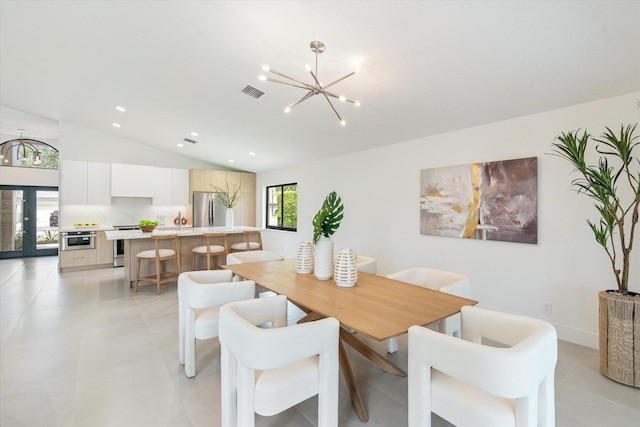1175 Sea Grape Cir, Delray Beach, FL 33445 - dining area with a chandelier, vaulted ceiling, and recessed lighting