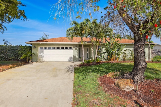 ranch-style house with brick siding, a garage, concrete driveway, and a front lawn