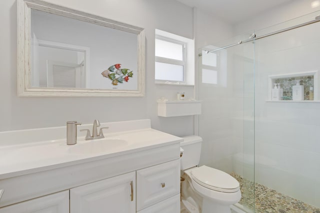 bathroom with toilet, a stall shower, and vanity