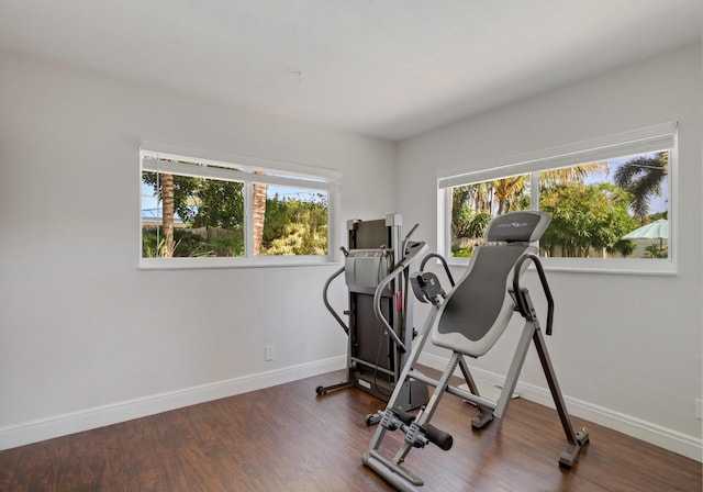exercise room featuring plenty of natural light, dark wood-style flooring, and baseboards