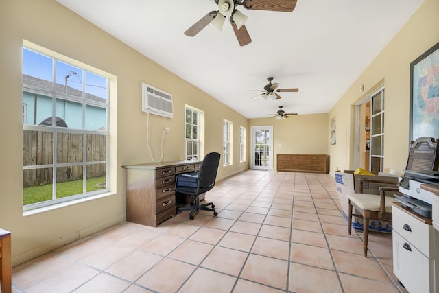 1401 Shore Dr, Lake Clarke Shores, FL 33406 - office area featuring an AC wall unit, ceiling fan, and light tile patterned floors