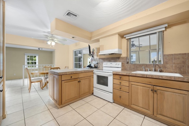 1401 Shore Dr, Lake Clarke Shores, FL 33406 - kitchen with white range with electric cooktop, a sink, under cabinet range hood, a peninsula, and light tile patterned floors