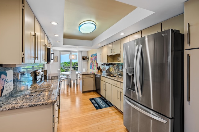 901 E Camino Real Unit 4C, Boca Raton, FL 33432 - kitchen with stainless steel appliances, a sink, a raised ceiling, light wood-style floors, and a peninsula