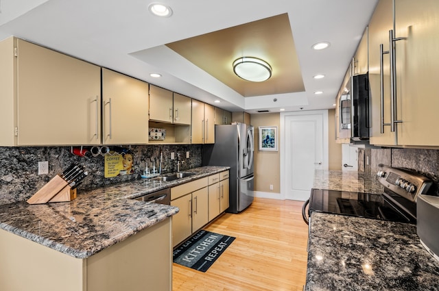 901 E Camino Real Unit 4C, Boca Raton, FL 33432 - kitchen with appliances with stainless steel finishes, a sink, recessed lighting, light wood-style floors, and a raised ceiling