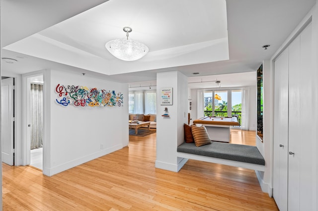 901 E Camino Real Unit 4C, Boca Raton, FL 33432 - corridor with a tray ceiling, light wood-style floors, and baseboards