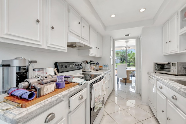903 Bridgewood Pl, Boca Raton, FL 33434 - kitchen featuring electric stove, under cabinet range hood, white cabinetry, white dishwasher, and recessed lighting