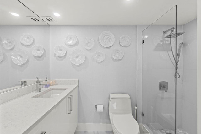 5500 NW 2nd Ave Unit 414, Boca Raton, FL 33487 - bathroom featuring a shower stall, toilet, vanity, baseboards, and recessed lighting
