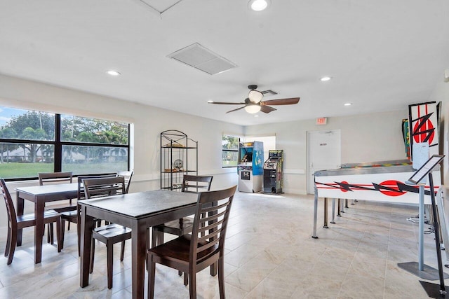 dining space featuring recessed lighting, plenty of natural light, and ceiling fan