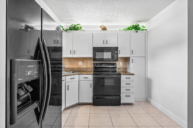 kitchen with black appliances, decorative backsplash, white cabinets, and a textured ceiling