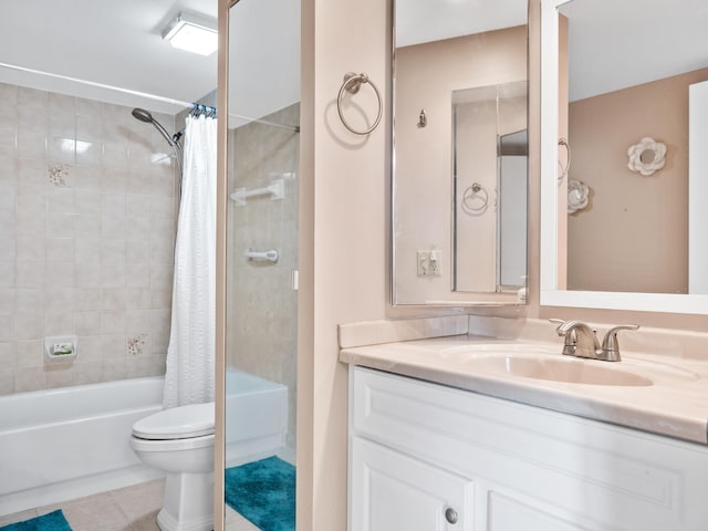 full bath featuring shower / bathtub combination with curtain, tile patterned flooring, vanity, and toilet