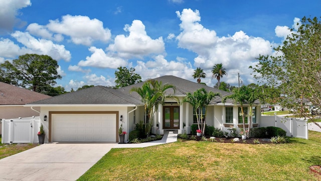 single story home featuring french doors, a gate, an attached garage, and stucco siding