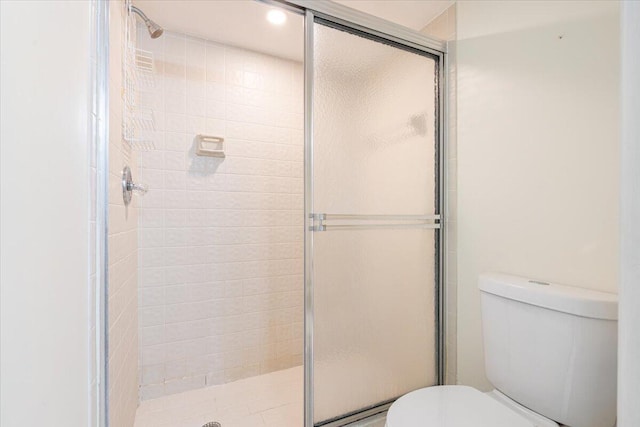 full bathroom with toilet and a stall shower