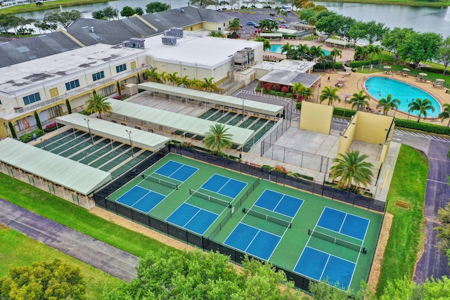 aerial view of a large body of water and a pool area