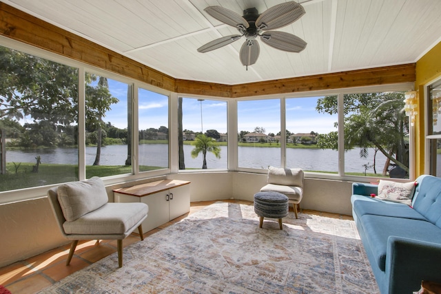 sunroom with wooden ceiling, a water view, a ceiling fan, and outdoor lounge area