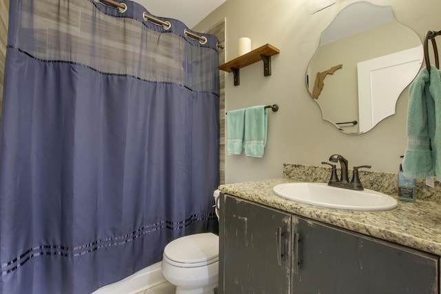 full bathroom featuring toilet, vanity, and curtained shower