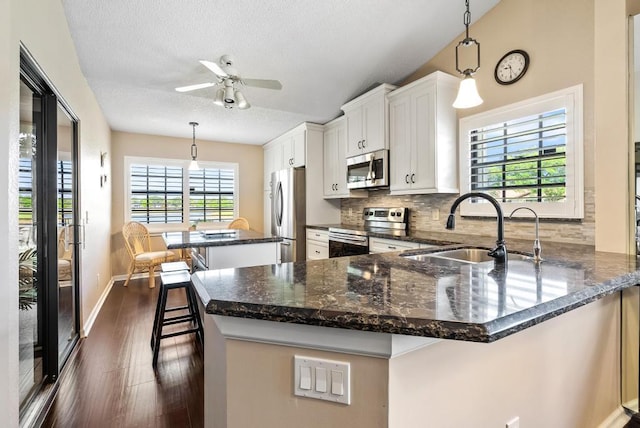 kitchen with stainless steel appliances, a sink, dark wood-style floors, tasteful backsplash, and a textured ceiling