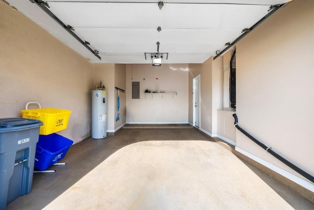 garage featuring water heater and electric panel
