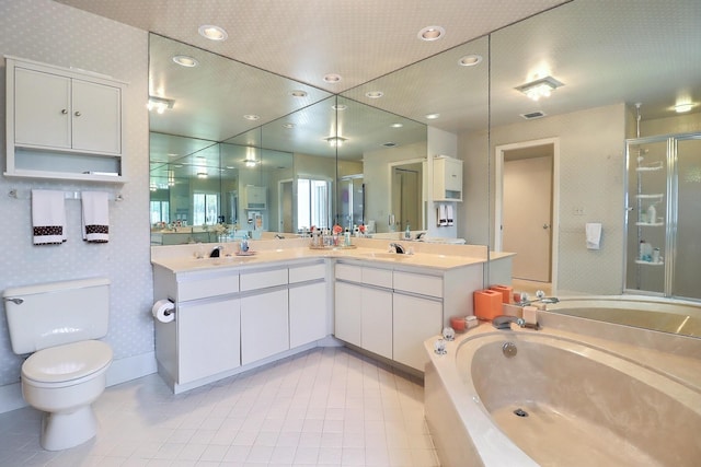 5218 Fountains Dr S Unit 206, Lake Worth, FL 33467 - full bathroom featuring wallpapered walls, a stall shower, toilet, a bath, and double vanity