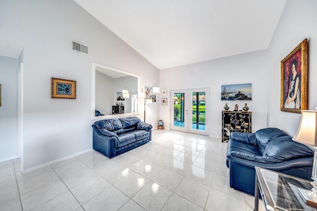 8735 Boca Glades Blvd W Unit D, Boca Raton, FL 33434 - living room with high vaulted ceiling, french doors, and baseboards