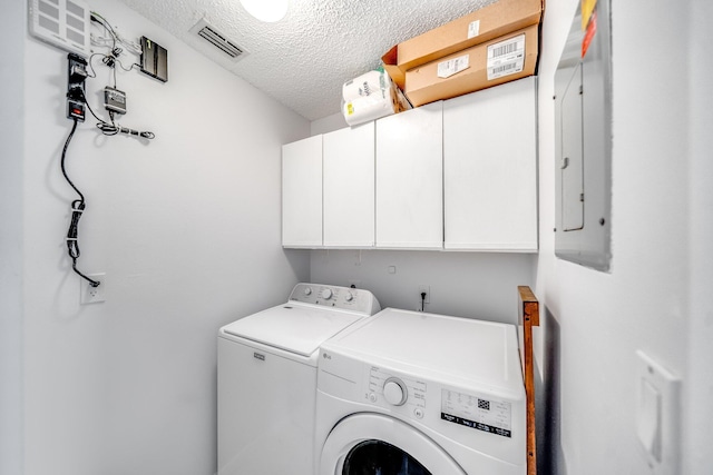 8735 Boca Glades Blvd W Unit D, Boca Raton, FL 33434 - washroom with cabinet space, washer and dryer, a textured ceiling, and electric panel