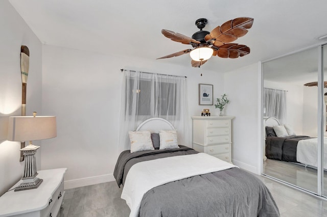 bedroom featuring baseboards, ceiling fan, and a closet