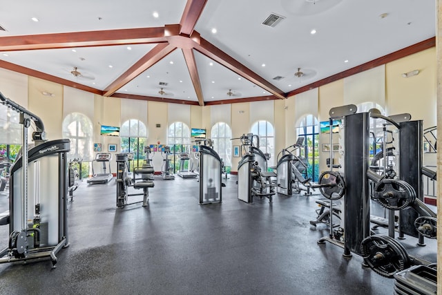 9226 Dupont Pl, Wellington, FL 33414 - workout area featuring beamed ceiling and ceiling fan