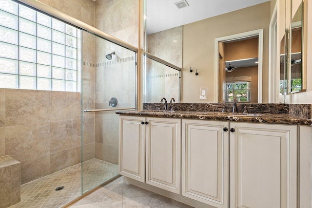10887 Summerville Way, Boynton Beach, FL 33437 - bathroom with a shower stall, tile patterned flooring, ceiling fan, and double vanity