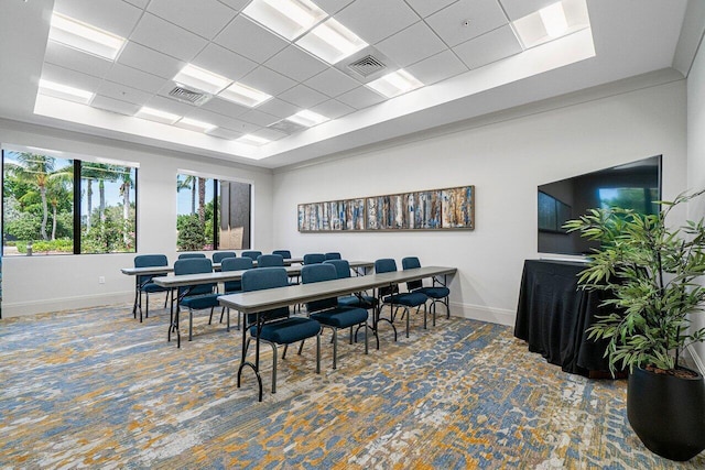 10887 Summerville Way, Boynton Beach, FL 33437 - dining area featuring baseboards, carpet flooring, a tray ceiling, and a drop ceiling