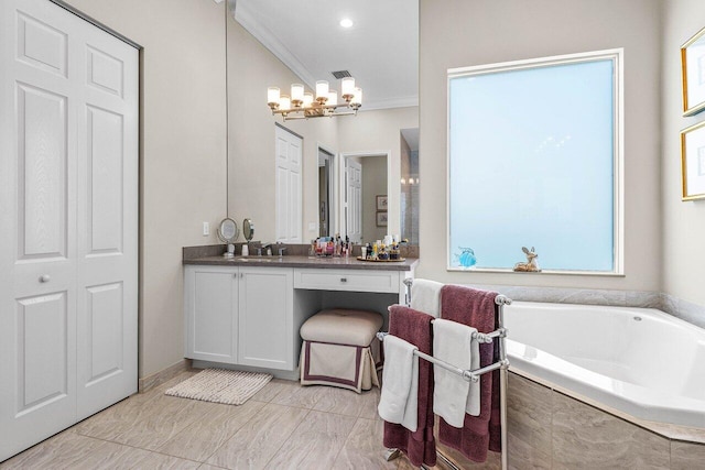 9037 Golden Mountain Cir, Boynton Beach, FL 33473 - bathroom with a bath, vanity, crown molding, and healthy amount of natural light